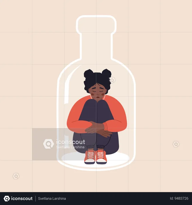Depressed african Woman sitting on bottom of bottle and hugging her knees  Illustration