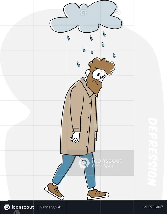 Depressed and Anxious Man of Depression and Anxiety Feel Frustrated Walking under Rainy Cloud  Illustration
