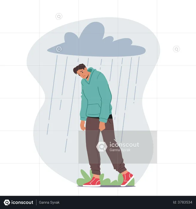 Depressed Anxious Man Suffer Of Depression Or Anxiety Problem Feel Frustrated Walking Under Rainy Cloud Above Head  Illustration
