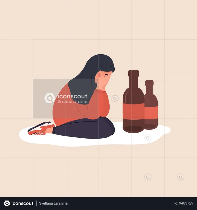 Depressed arabian woman sitting on floor and crying  Illustration