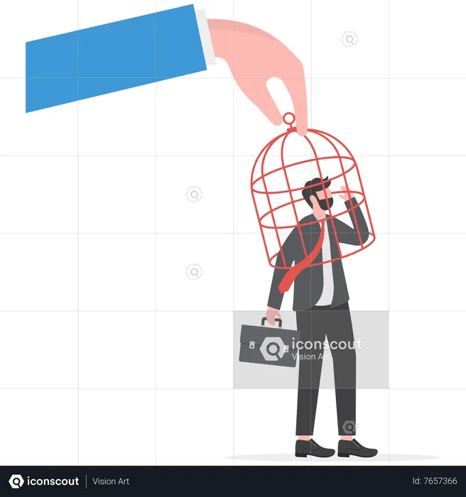 Depressed businessman with a birdcage locked his head  Illustration