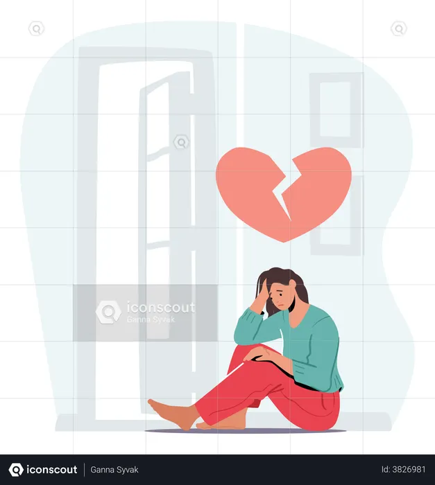 Depressed Heartbroken Woman Sit On Floor  Illustration