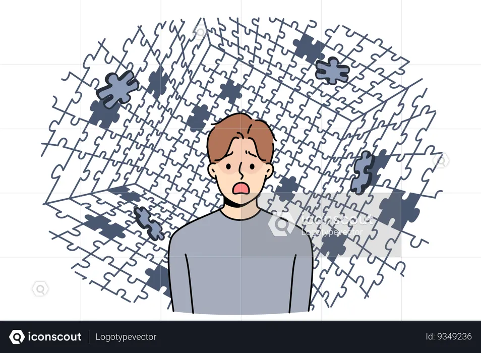 Depressed man screams during panic attack and standing among collapsing puzzle  Illustration