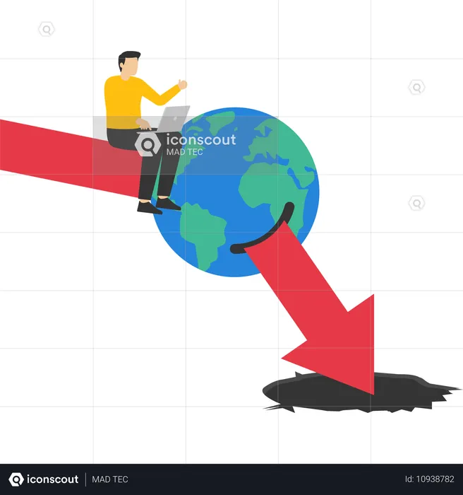 Depressed man sitting on globe with red arrow falling down  Illustration