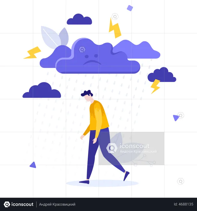 Depressed man walking under rain  Illustration