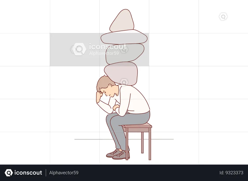 Depressed man with stones on back experiencing stress and discomfort due to heavy workload  Illustration