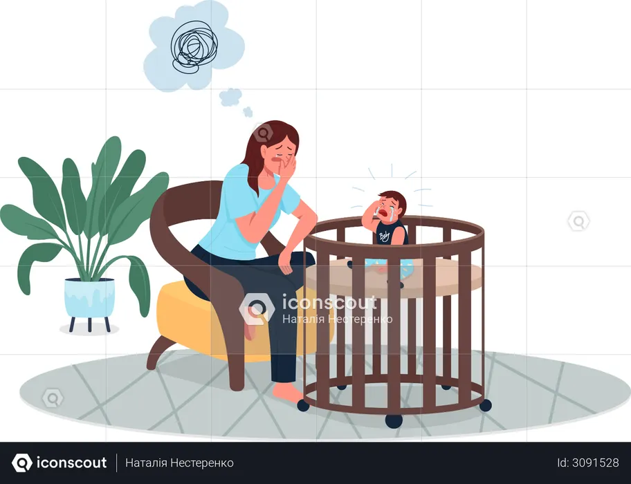 Depressed mother with crying baby  Illustration
