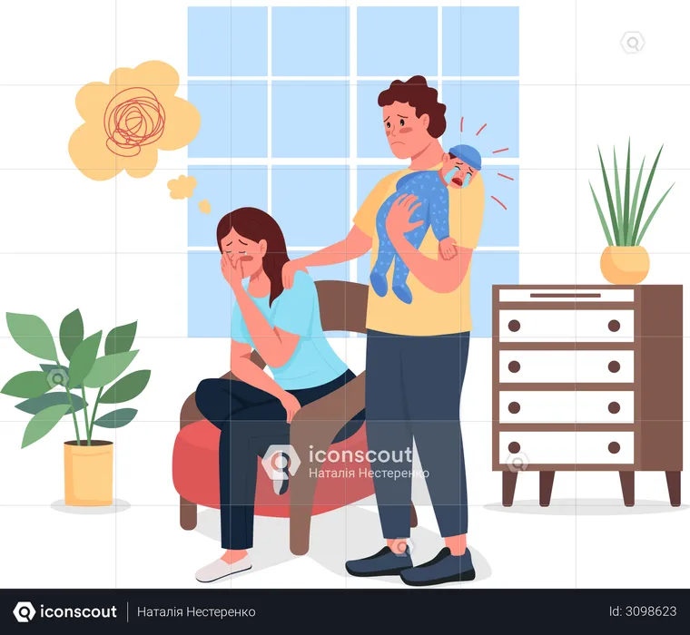 Depressed mother with husband and baby  Illustration
