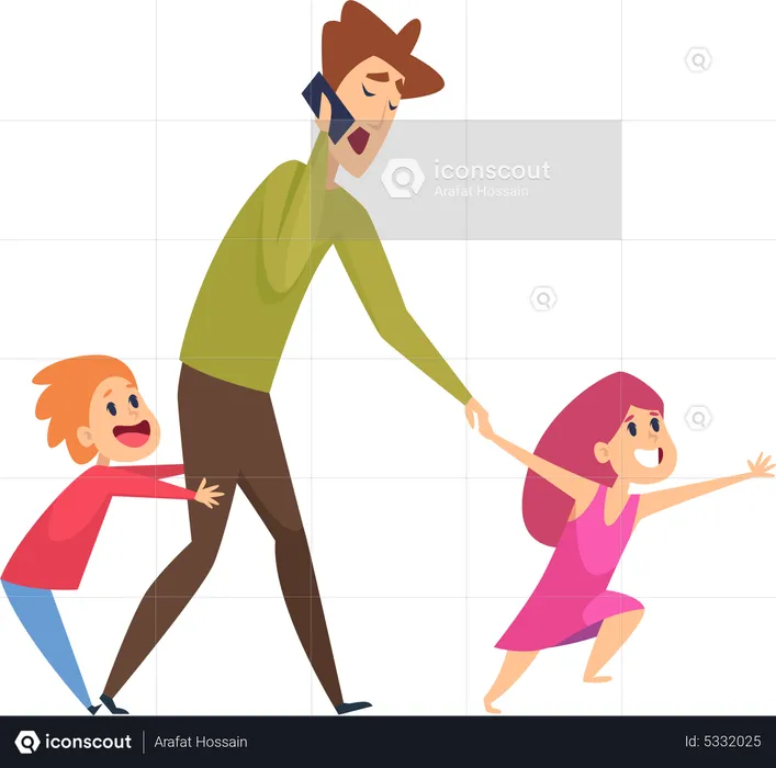 Depressed Tired father while kids Disturb him  Illustration