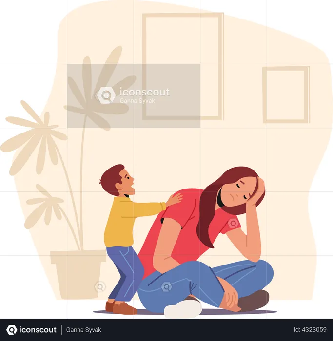 Depressed Tired Mother Sit on Floor while Son Disturb her  Illustration