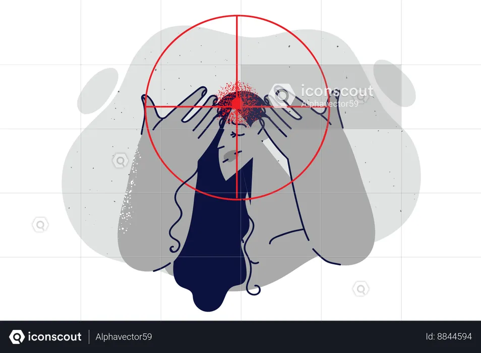 Depressed woman at gunpoint near head, suffering from migraine and headache caused by stress  Illustration