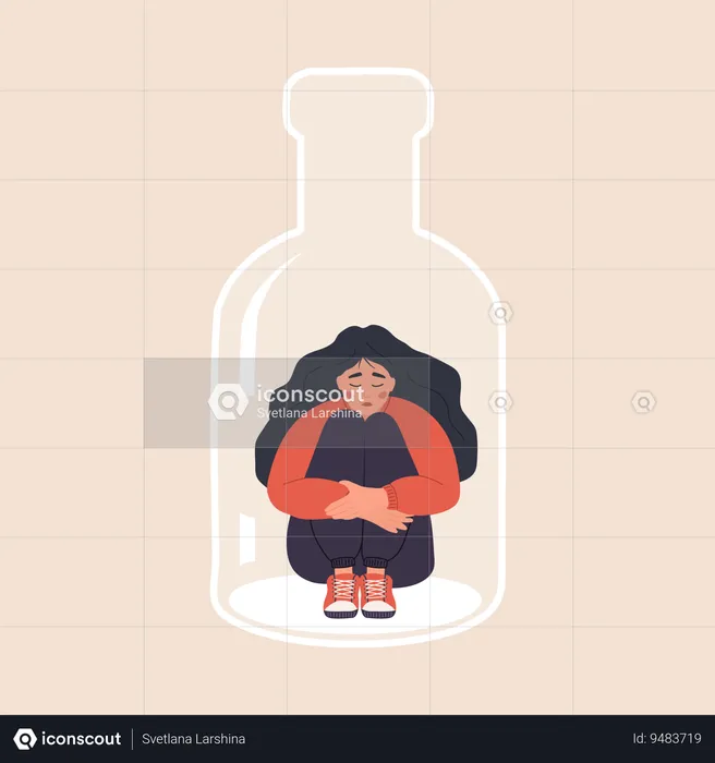 Depressed Woman sitting on bottom of bottle and hugging her knees  Illustration