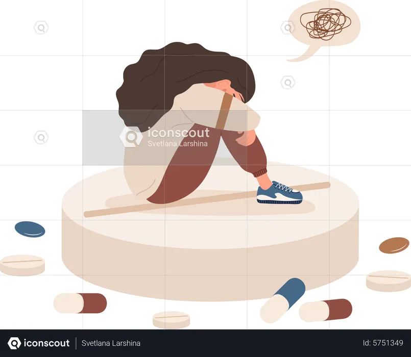 Depressed woman sitting on pill  Illustration