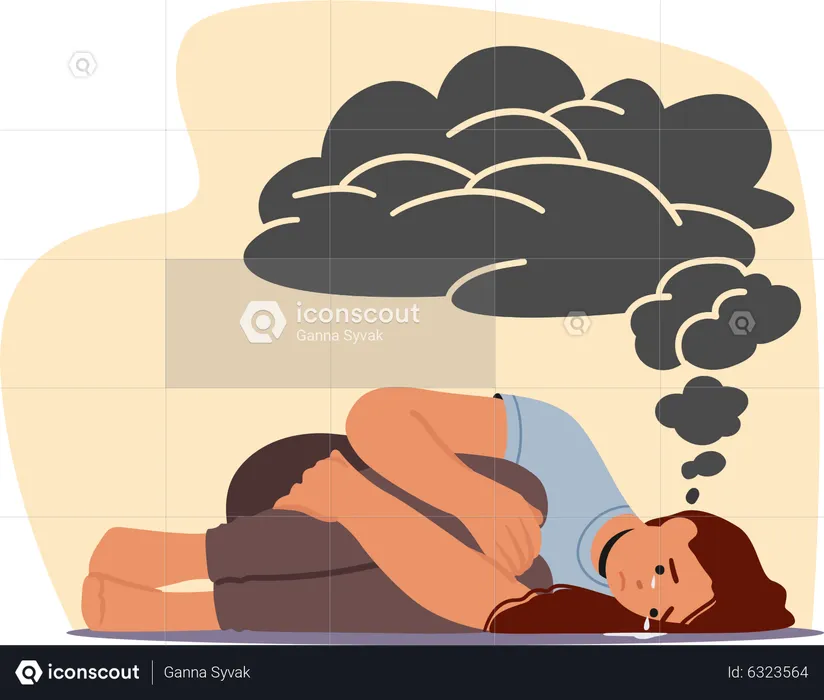Depressed woman suffering from depression.  Illustration