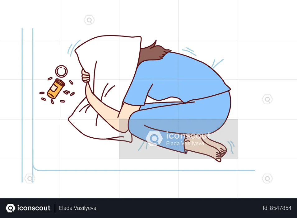 Depressed woman suffering from overdose of antidepressants covers head with pillow  Illustration