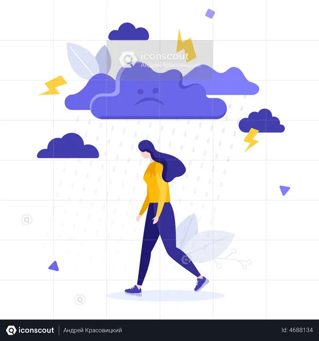 Depressed woman walking under rain  Illustration