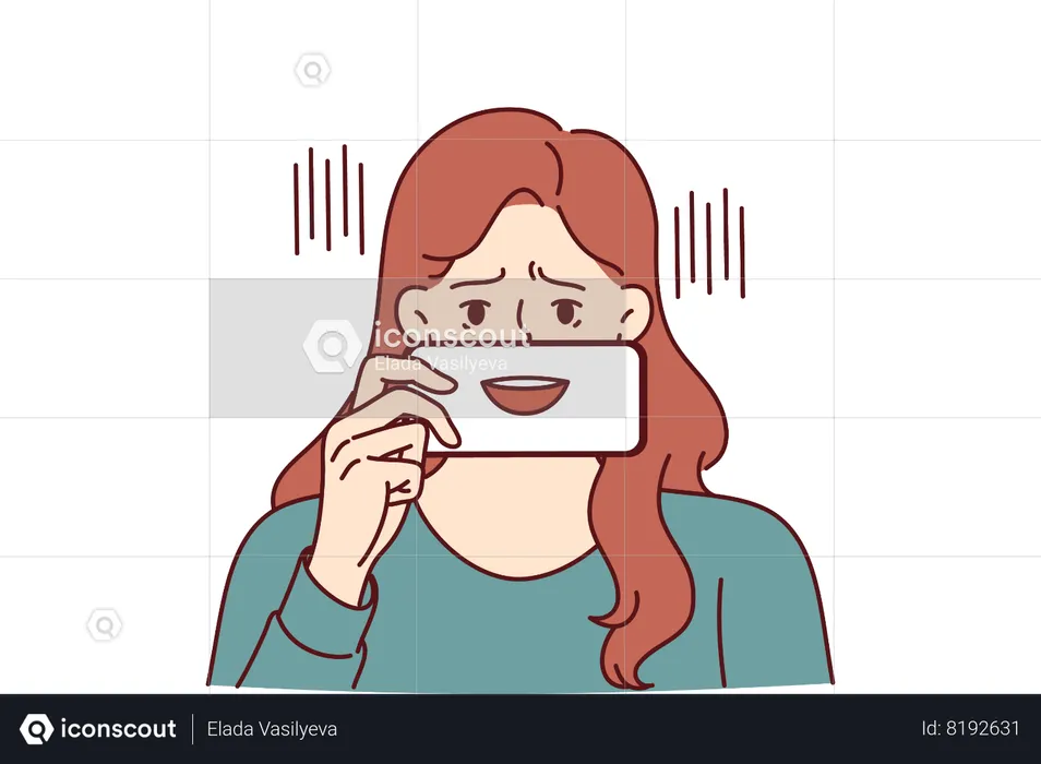Depressed woman with fake smile hides emotions pretending to be extrovert  Illustration