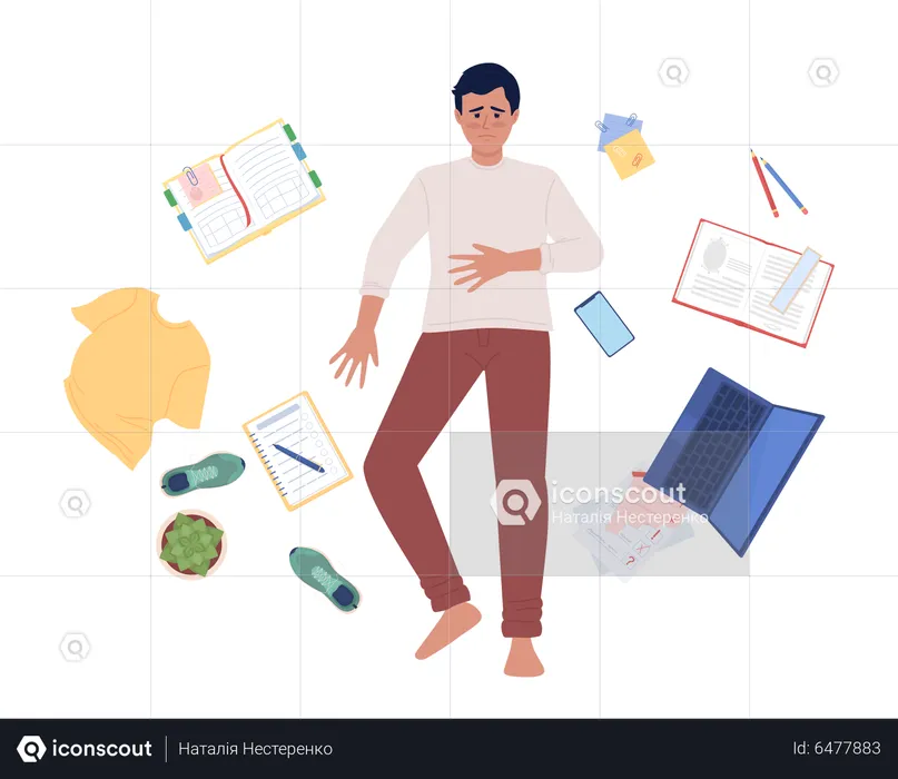 Depressed young man lying on messy floor  Illustration