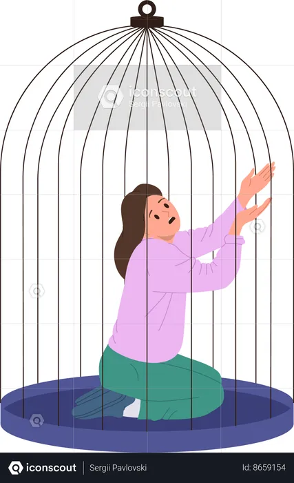 Depressed young woman trapped in cage feeling fear and helpless  Illustration