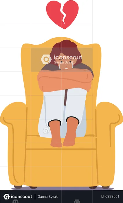 Depressive, untröstliche Frau sitzt auf einem Sessel.  Illustration