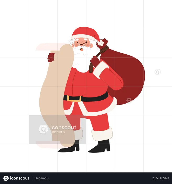 Der Weihnachtsmann überprüft die Wunschliste mit Geschenken  Illustration
