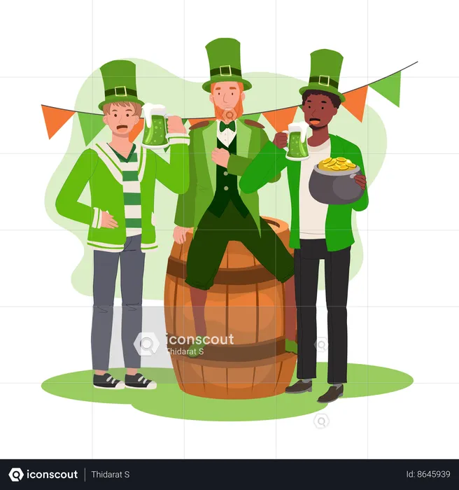 Des gens heureux célèbrent la Saint-Patrick.  Fête irlandaise de la joie et de la tradition  Illustration