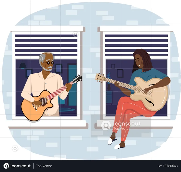 Les gens sur le balcon jouent de la guitare ensemble  Illustration