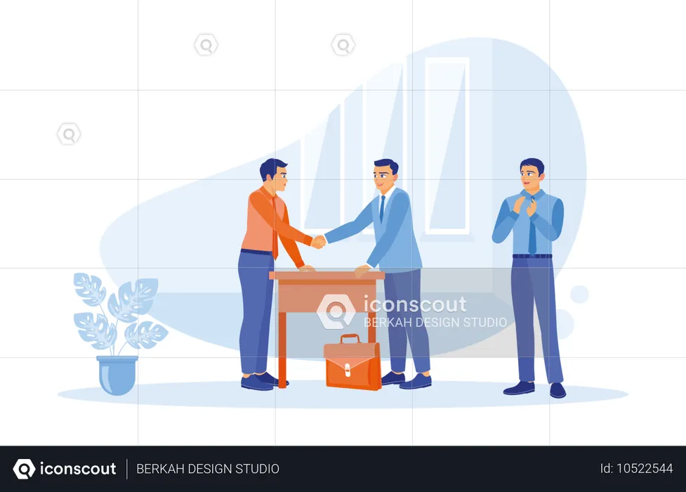 Des partenaires commerciaux heureux se serrent la main à la table. Parvenir à un accord mutuel après des négociations fructueuses.  Illustration