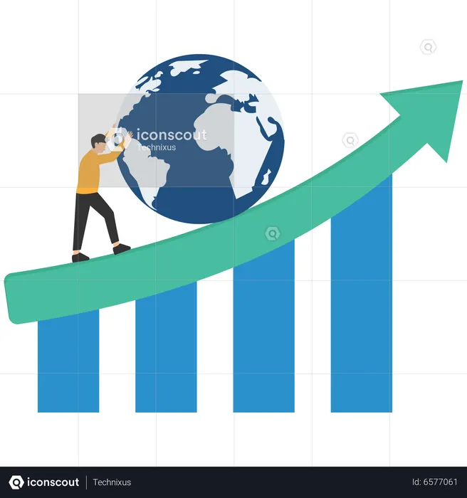 Desaceleração económica global, declínio do crescimento do PIB mundial ou lento, recessão ou conceito de desaceleração do crescimento, empresário empurrando caracol lento com a terra na metáfora da seta crescente do PIB da economia mundial.  Ilustração