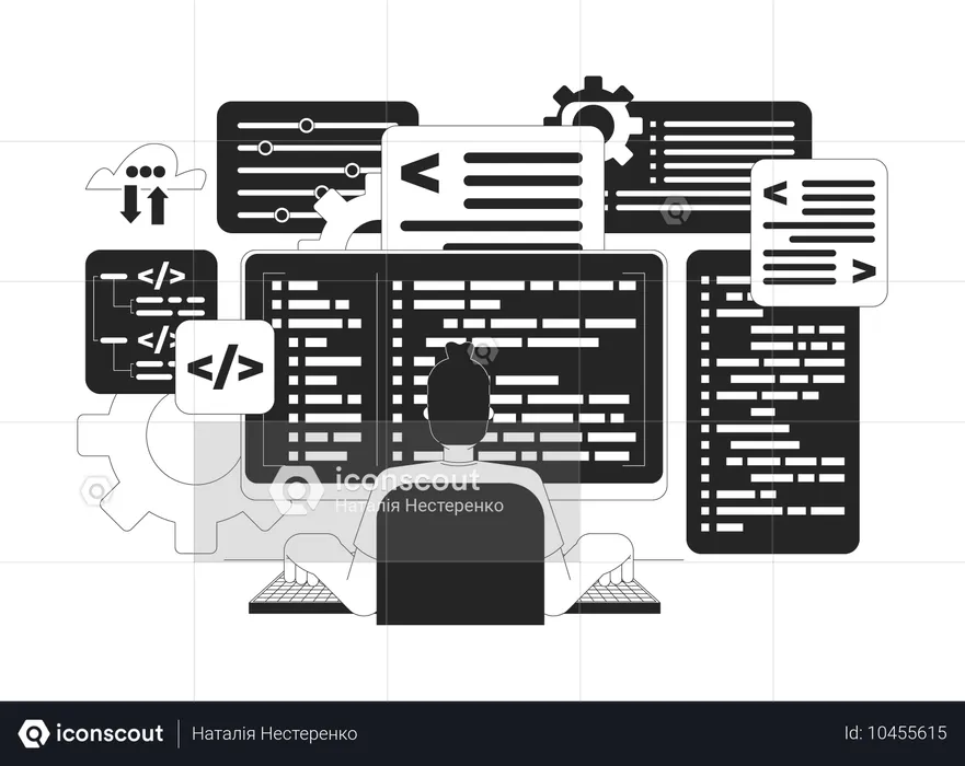 Desarrollador de software que trabaja en una aplicación web  Ilustración