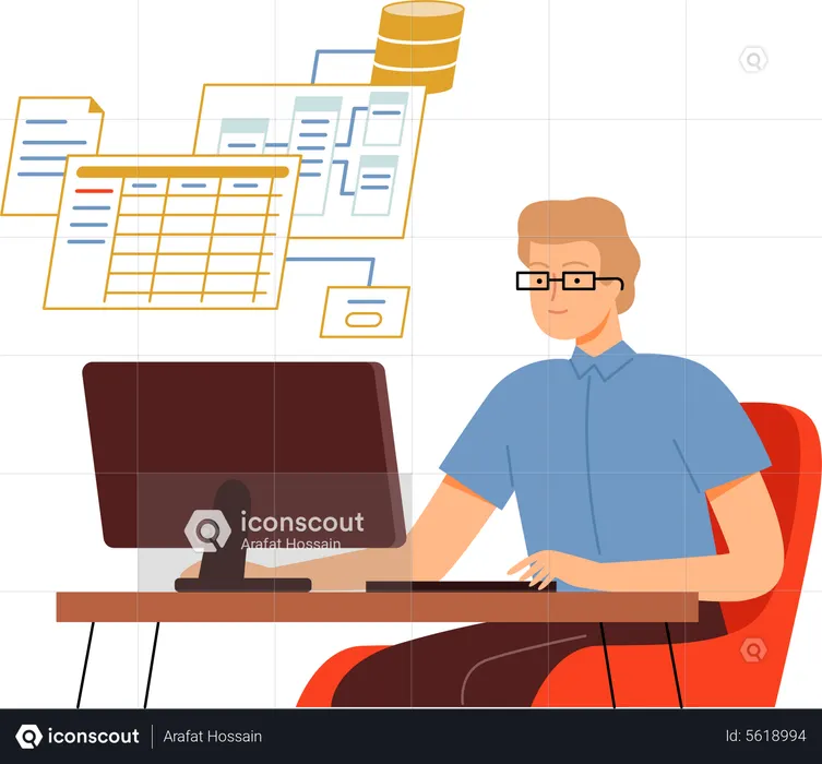 Desarrollador independiente masculino trabajando en algoritmo  Ilustración