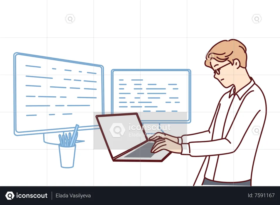 Desarrollador masculino escribiendo líneas de código  Ilustración