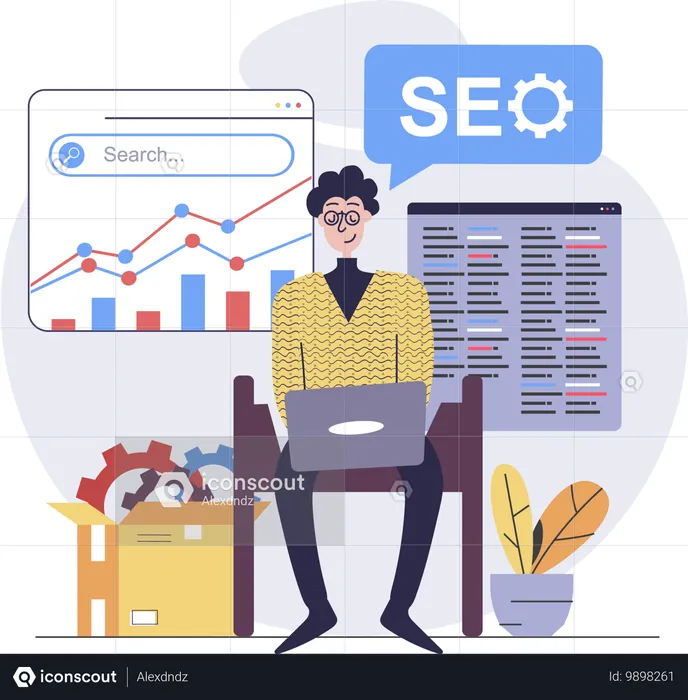 Desarrollador masculino trabajando en SEO  Ilustración