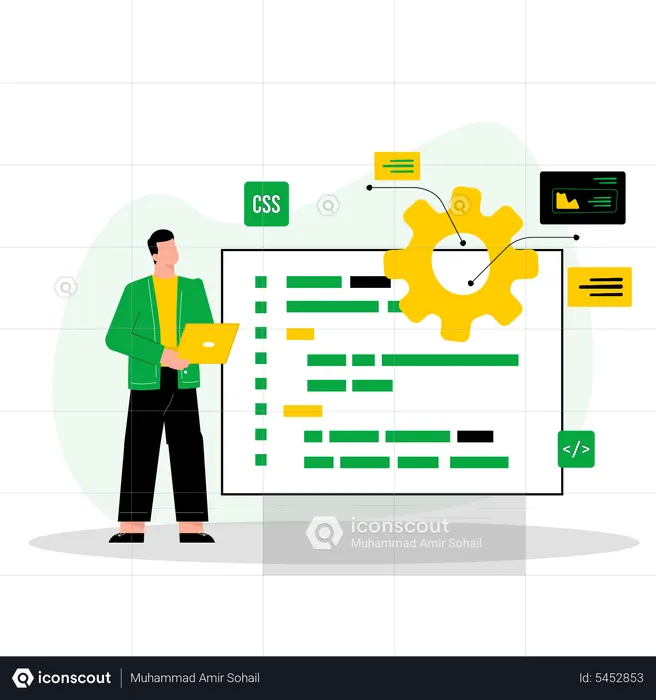 Desarrollador masculino trabajando en código de sitio web  Ilustración