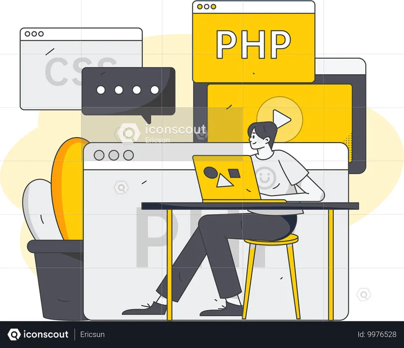 Desarrollador trabaja en lenguajes de programación.  Ilustración