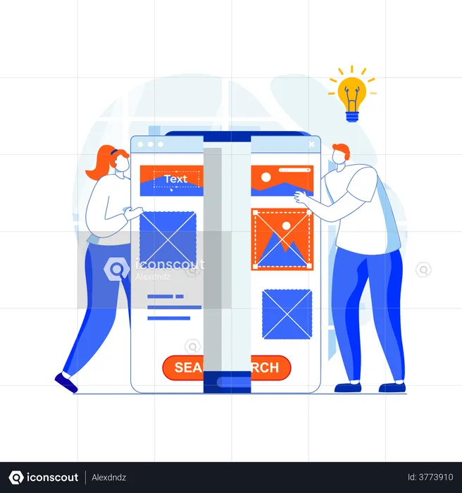 Desarrolladores que diseñan una interfaz de usuario para una aplicación móvil  Ilustración