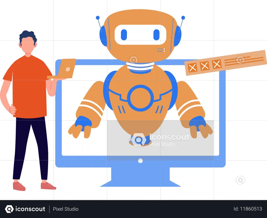Desenvolvedor de robôs trabalhando em código robótico  Ilustração
