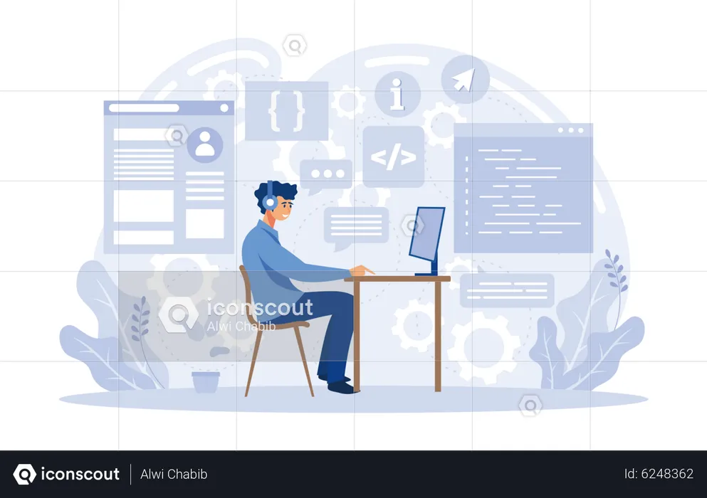 Desenvolvedor de software fazendo codificação no computador  Ilustração