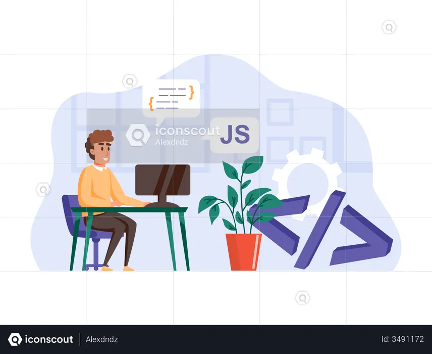 Desenvolvedor javascript full stack no escritório  Ilustração