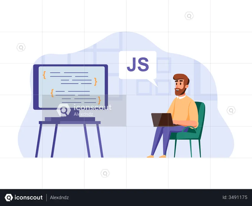 Desenvolvedor Javascript trabalhando em tela grande  Ilustração