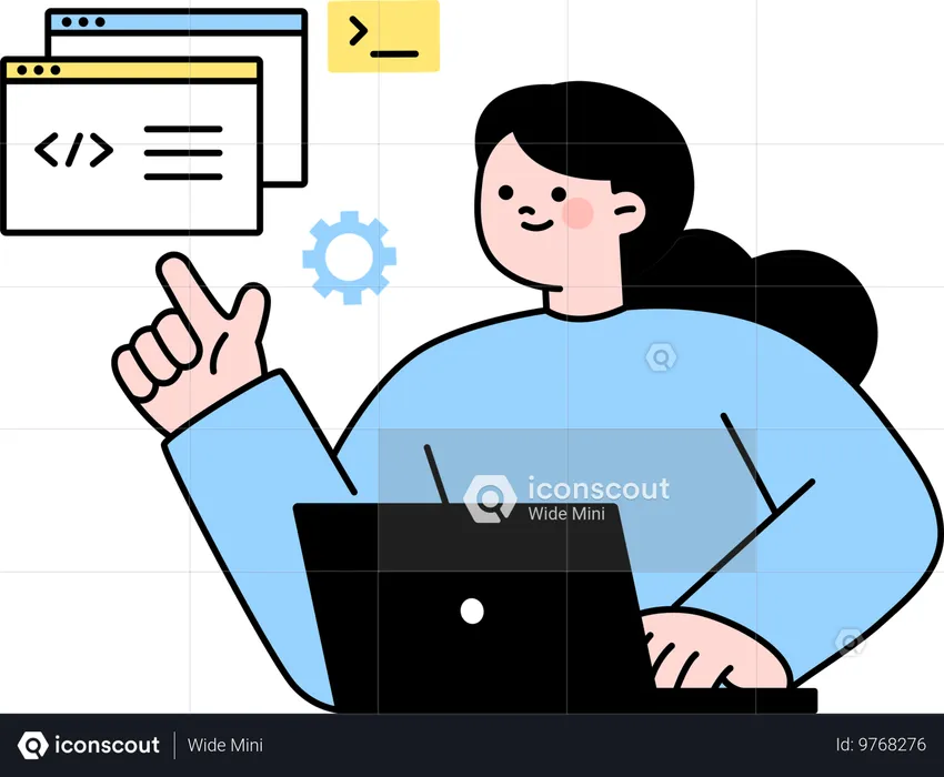 Desenvolvedora feminina trabalhando na página da web  Ilustração