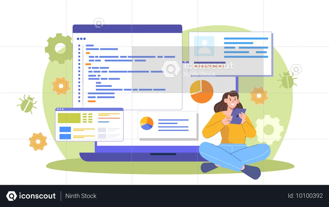 Desenvolvedora feminina trabalhando em código  Ilustração
