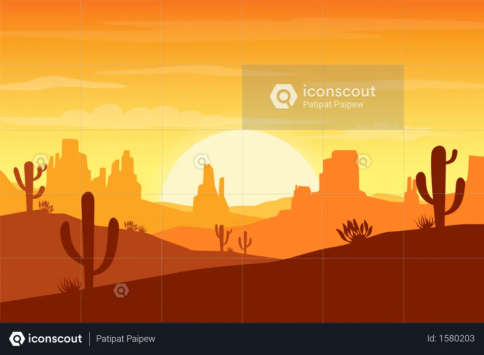 Desert landscape at sunset with cactus and hills silhouettes background  Illustration