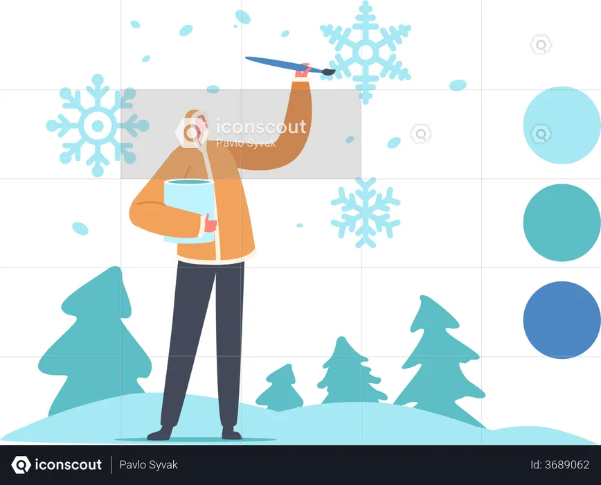 Designer Artist Male in Warm Winter Clothes Painting Snowflakes  Illustration