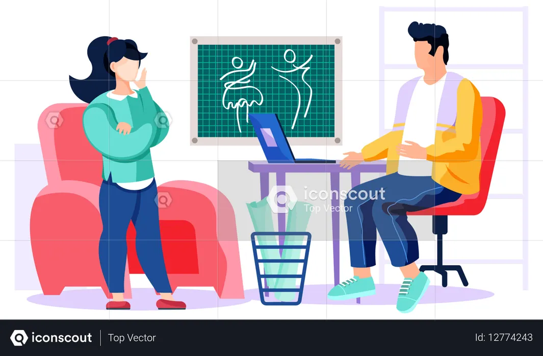 Designer communicates with the customer about clothes  Illustration