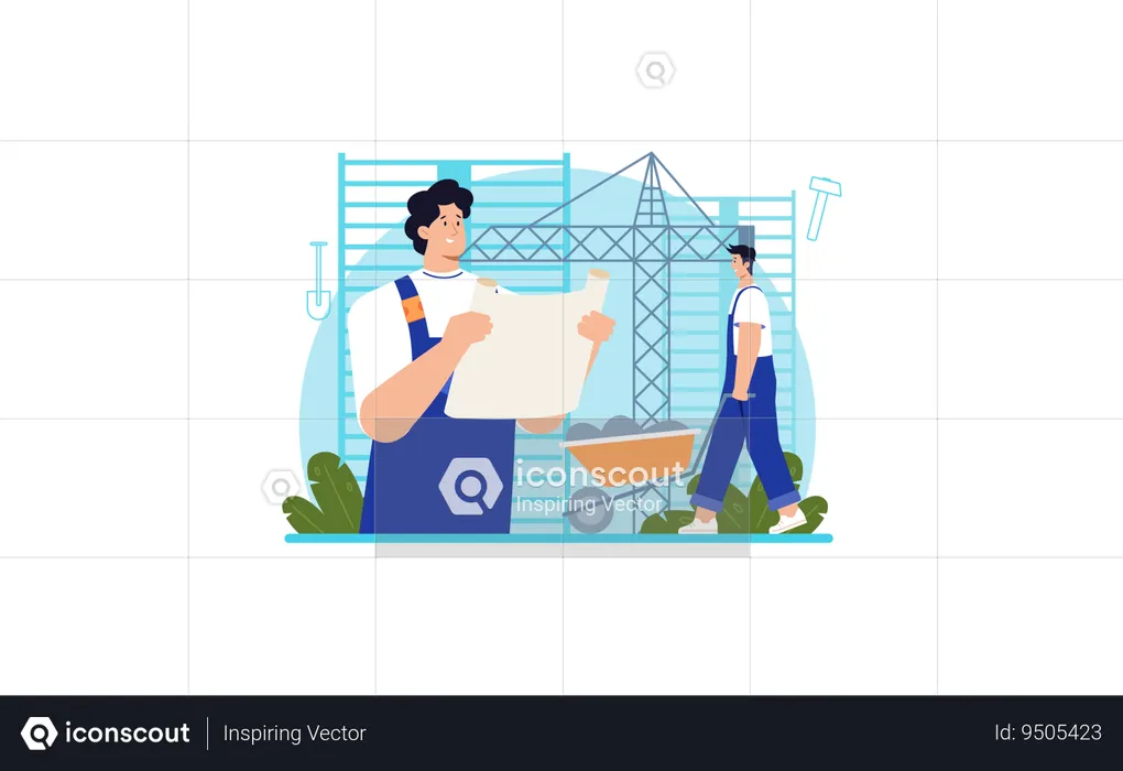 Designer designing construction blueprint  Illustration