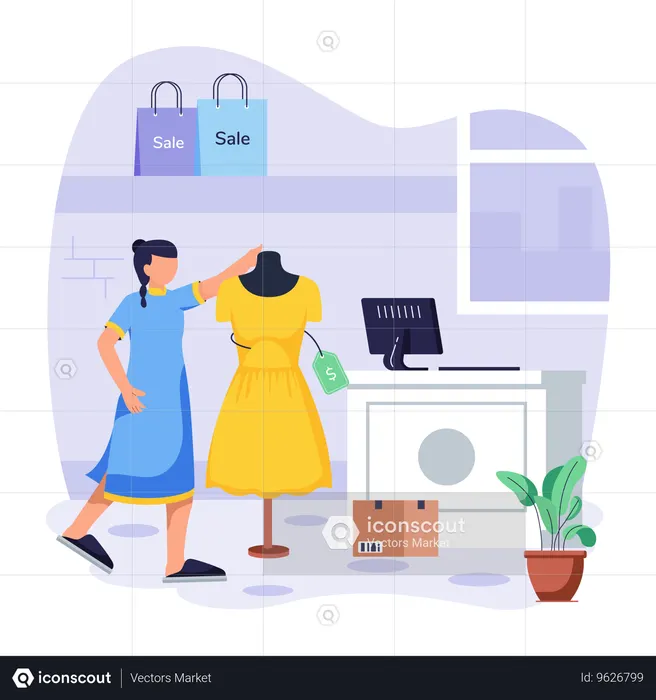 Designer keeps new frock for sale  Illustration
