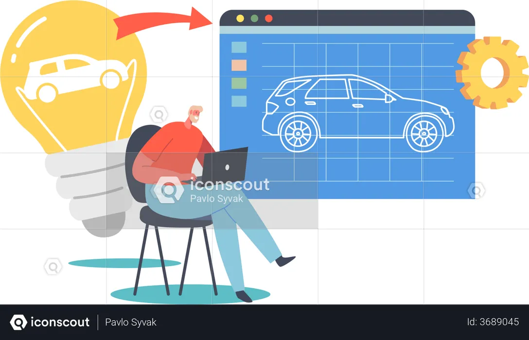 Designer Male Incarnate Idea of Automobile Model Prototyping in Computer Program  Illustration