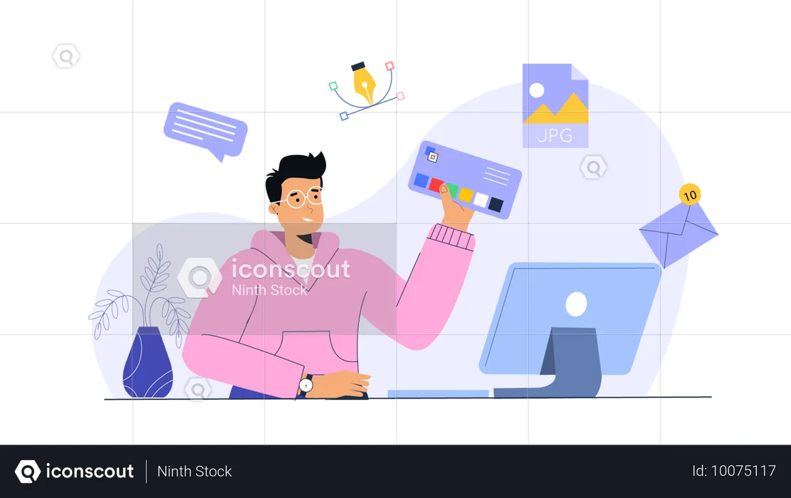 Designer masculino segurando paleta de cores enquanto faz trabalho de design  Ilustração