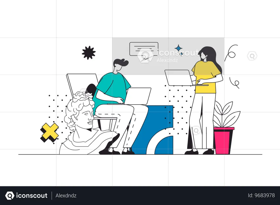 Designer team creating trending digital content  Illustration